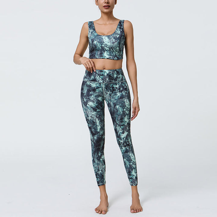 Buddha Stones 2Pcs Pineapple Grass Leaves Print Sports Fitness Crop Tank Bra High Waist Leggings Yoga Pants