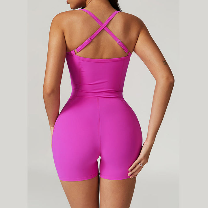 Buddha Stones Backless Criss-Cross Strap Jumpsuit Romper Sports Fitness Yoga Women Bodysuit With Pockets