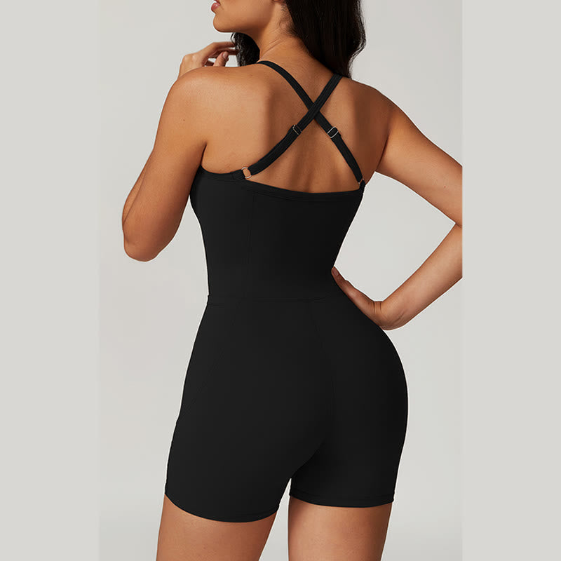 Buddha Stones Backless Criss-Cross Strap Jumpsuit Romper Sports Fitness Yoga Women Bodysuit With Pockets