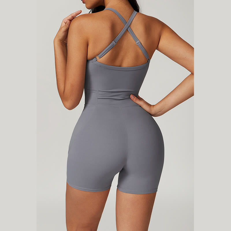 Buddha Stones Backless Criss-Cross Strap Jumpsuit Romper Sports Fitness Yoga Women Bodysuit With Pockets