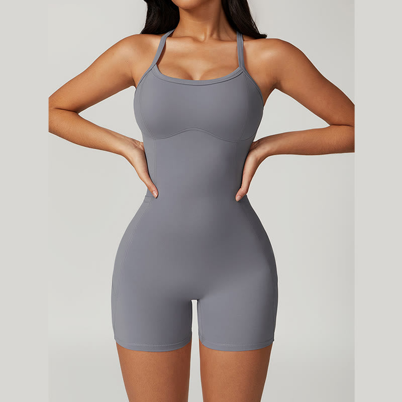 Buddha Stones Backless Criss-Cross Strap Jumpsuit Romper Sports Fitness Yoga Women Bodysuit With Pockets