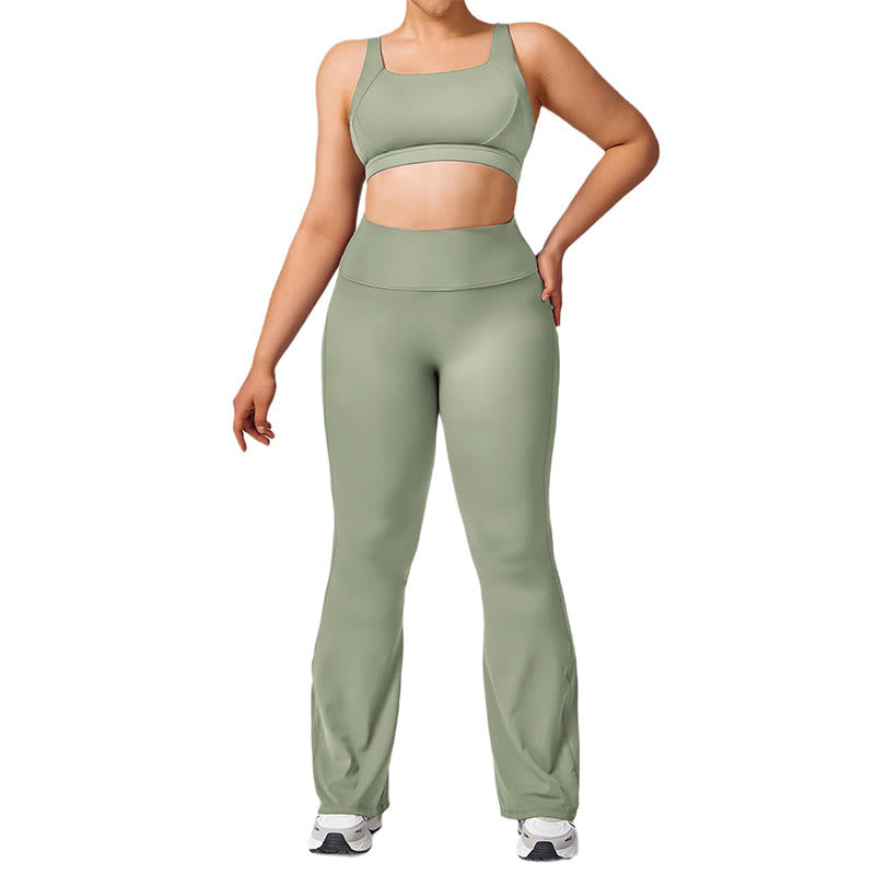 Buddha Stones PLUS SIZE Backless Criss-Cross Strap Bra Flare Pants Sports Gym Yoga Quick Drying Outfits