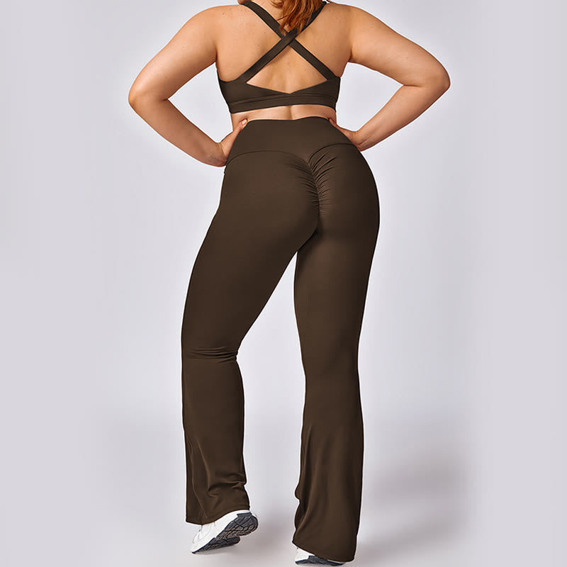 Buddha Stones PLUS SIZE Backless Criss-Cross Strap Bra Flare Pants Sports Gym Yoga Quick Drying Outfits