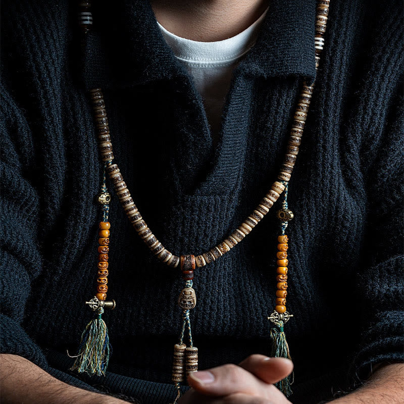 Buddha Stones Tibetan 108 Mala Beads Yak Bone Dzi Bead The Lord of the Corpse Forest Strength Bracelet