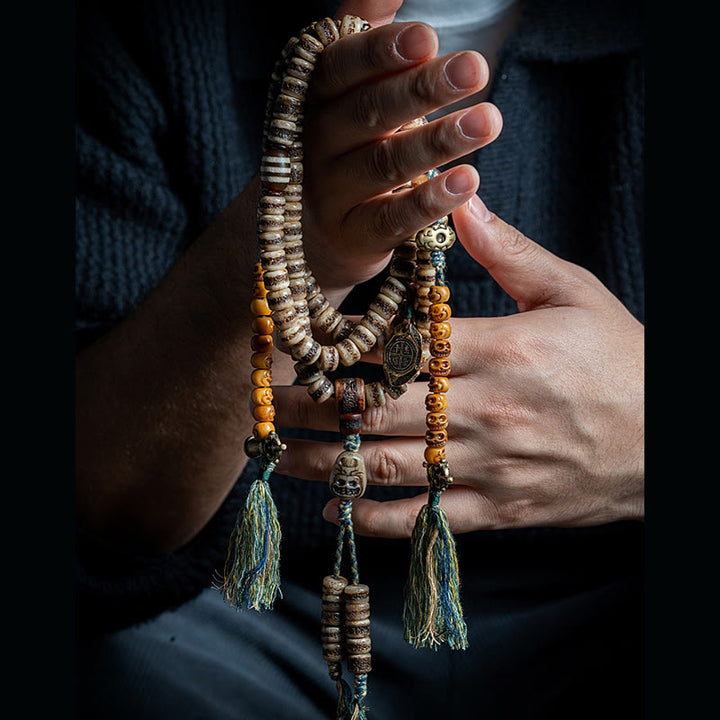 Buddha Stones Tibetan 108 Mala Beads Yak Bone Dzi Bead The Lord of the Corpse Forest Strength Bracelet