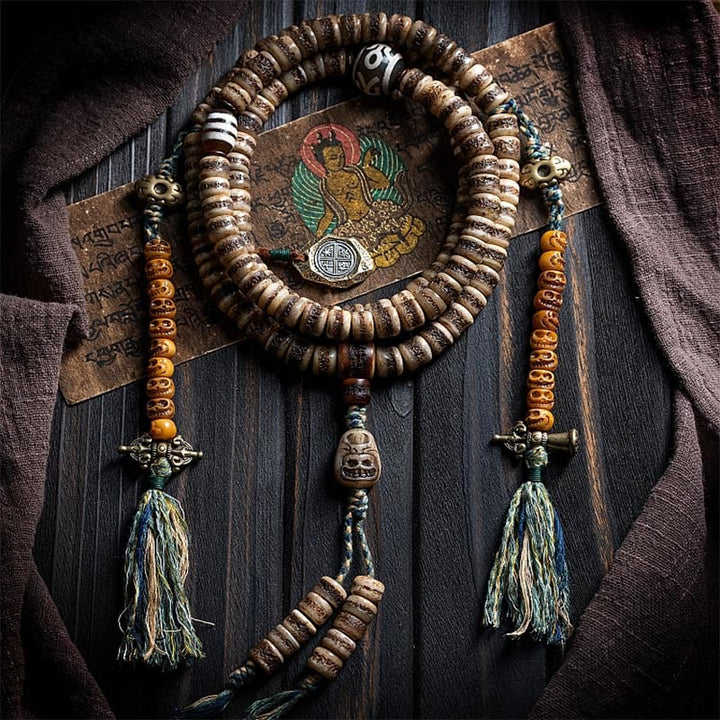 Buddha Stones Tibetan 108 Mala Beads Yak Bone Dzi Bead The Lord of the Corpse Forest Strength Bracelet