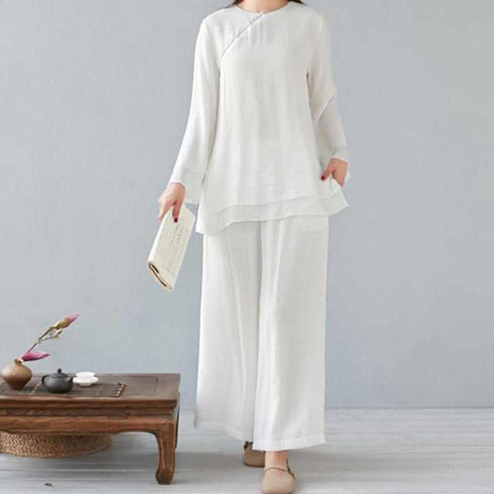 Buddha Stones 2Pcs Three Quarter Sleeve Long Sleeve Shirt Wide Leg Pants Meditation Cotton Linen Clothing Women's Set