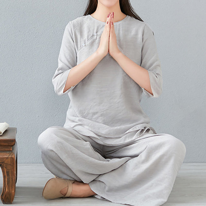 Buddha Stones 2Pcs Three Quarter Sleeve Long Sleeve Shirt Wide Leg Pants Meditation Cotton Linen Clothing Women's Set - Gainsboro - Three Quarter Sleeve - US8-10，UK/AU12-14，EU40-42 (3XL) - image 27