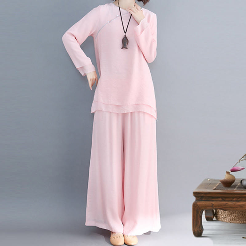 Buddha Stones 2Pcs Three Quarter Sleeve Long Sleeve Shirt Wide Leg Pants Meditation Cotton Linen Clothing Women's Set - LavenderBlush - Long Sleeve - US8-10，UK/AU12-14，EU40-42 (3XL) - image 15