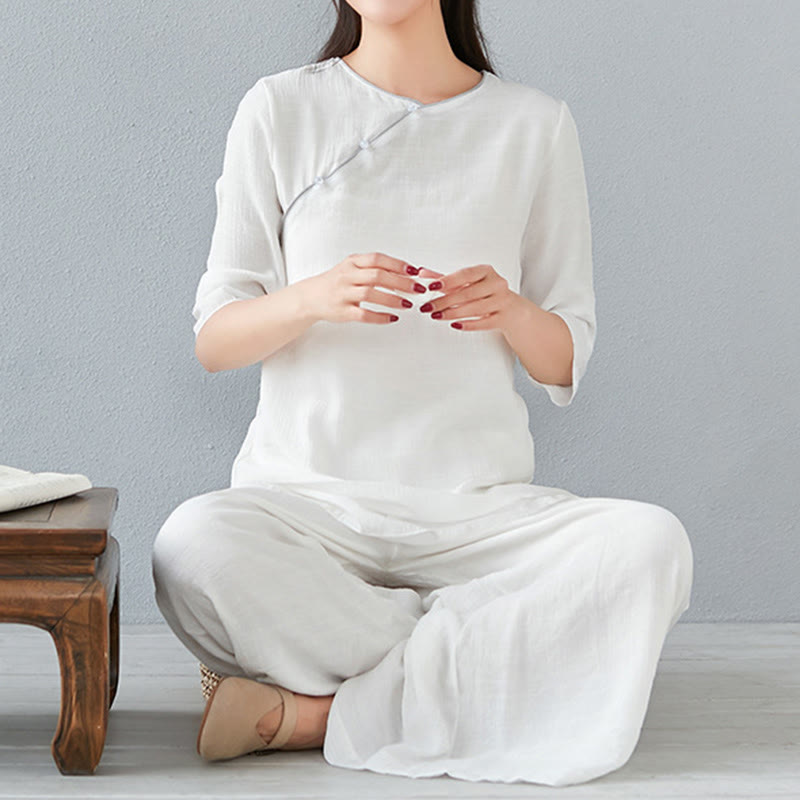 Buddha Stones 2Pcs Three Quarter Sleeve Long Sleeve Shirt Wide Leg Pants Meditation Cotton Linen Clothing Women's Set - White - Three Quarter Sleeve - US8-10，UK/AU12-14，EU40-42 (3XL) - image 8