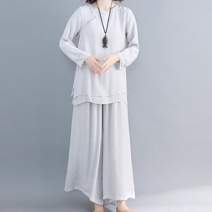 Buddha Stones 2Pcs Three Quarter Sleeve Long Sleeve Shirt Wide Leg Pants Meditation Cotton Linen Clothing Women's Set