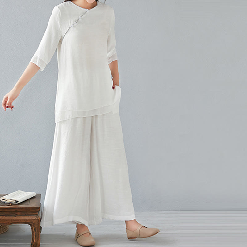 Buddha Stones 2Pcs Three Quarter Sleeve Long Sleeve Shirt Wide Leg Pants Meditation Cotton Linen Clothing Women's Set - image 9
