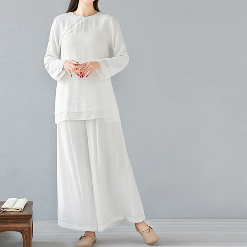 Buddha Stones 2Pcs Three Quarter Sleeve Long Sleeve Shirt Wide Leg Pants Meditation Cotton Linen Clothing Women's Set