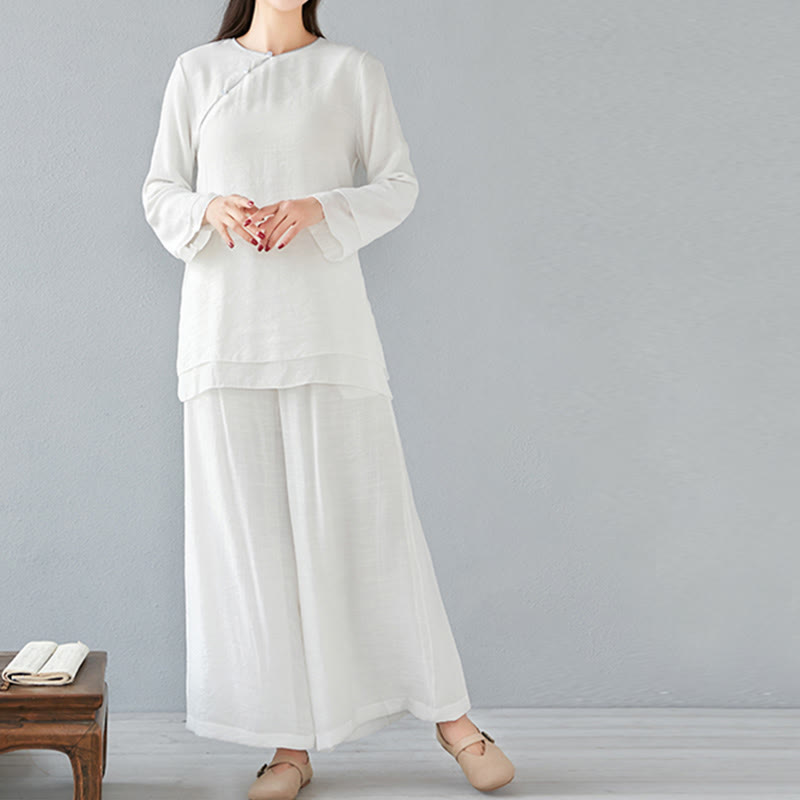 Buddha Stones 2Pcs Three Quarter Sleeve Long Sleeve Shirt Wide Leg Pants Meditation Cotton Linen Clothing Women's Set - image 2