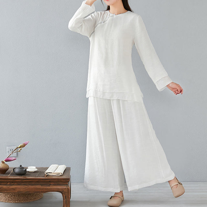 Buddha Stones 2Pcs Three Quarter Sleeve Long Sleeve Shirt Wide Leg Pants Meditation Cotton Linen Clothing Women's Set