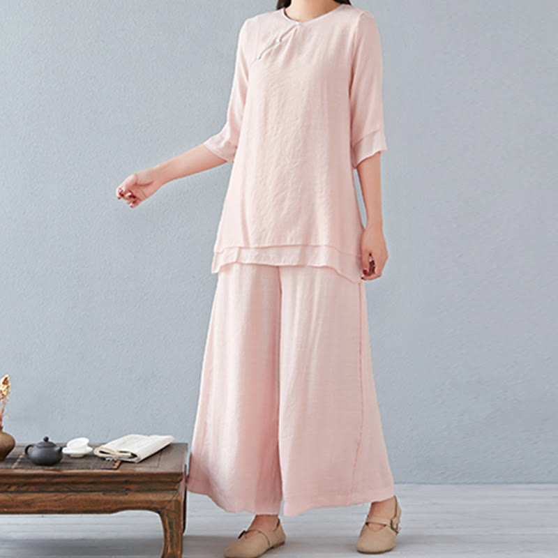 Buddha Stones 2Pcs Three Quarter Sleeve Long Sleeve Shirt Wide Leg Pants Meditation Cotton Linen Clothing Women's Set - image 17