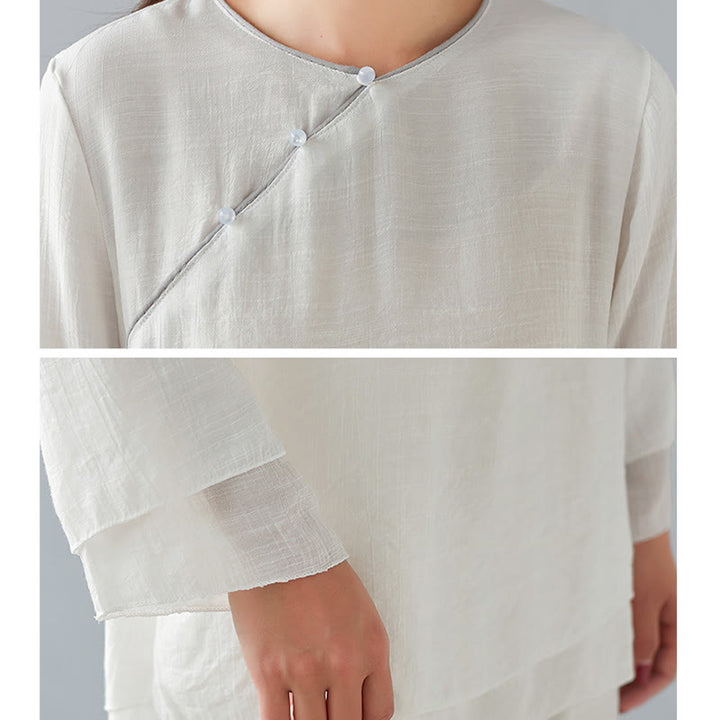 Buddha Stones 2Pcs Three Quarter Sleeve Long Sleeve Shirt Wide Leg Pants Meditation Cotton Linen Clothing Women's Set - image 12