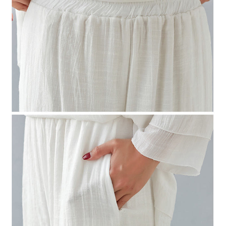 Buddha Stones 2Pcs Three Quarter Sleeve Long Sleeve Shirt Wide Leg Pants Meditation Cotton Linen Clothing Women's Set - image 13