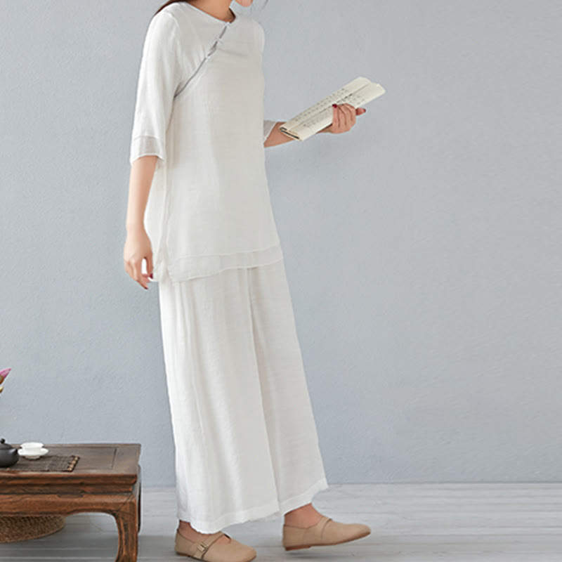 Buddha Stones 2Pcs Three Quarter Sleeve Long Sleeve Shirt Wide Leg Pants Meditation Cotton Linen Clothing Women's Set