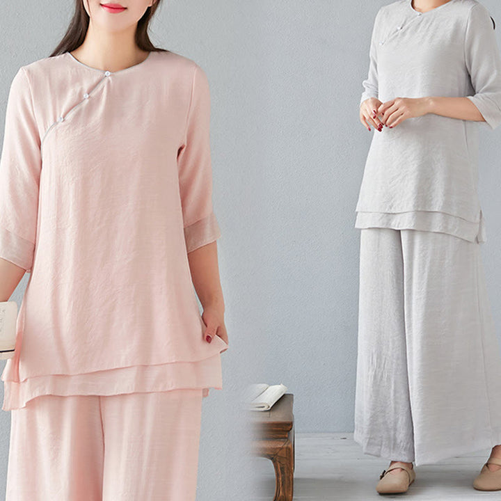 Buddha Stones 2Pcs Three Quarter Sleeve Long Sleeve Shirt Wide Leg Pants Meditation Cotton Linen Clothing Women's Set - image 30
