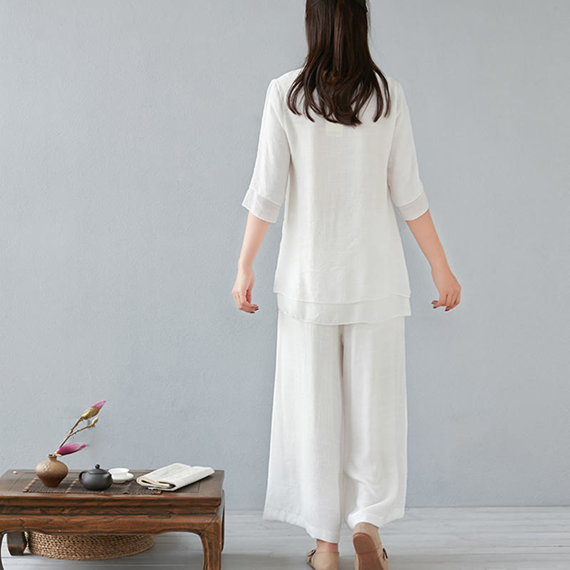 Buddha Stones 2Pcs Three Quarter Sleeve Long Sleeve Shirt Wide Leg Pants Meditation Cotton Linen Clothing Women's Set - image 11