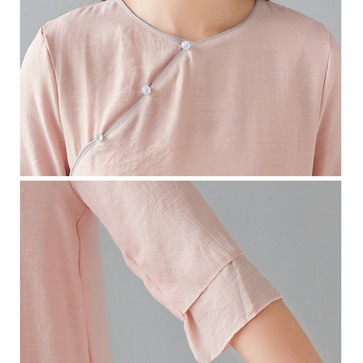 Buddha Stones 2Pcs Three Quarter Sleeve Long Sleeve Shirt Wide Leg Pants Meditation Cotton Linen Clothing Women's Set - image 21