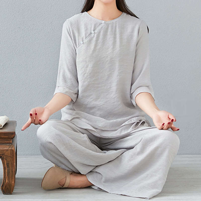 Buddha Stones 2Pcs Three Quarter Sleeve Long Sleeve Shirt Wide Leg Pants Meditation Cotton Linen Clothing Women's Set - image 27