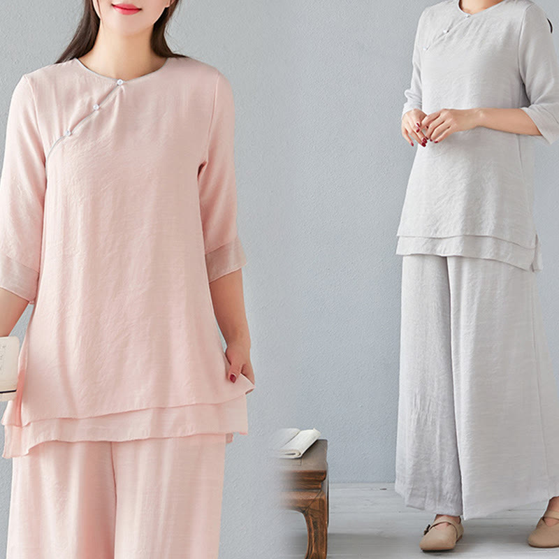 Buddha Stones 2Pcs Three Quarter Sleeve Long Sleeve Shirt Wide Leg Pants Meditation Cotton Linen Clothing Women's Set