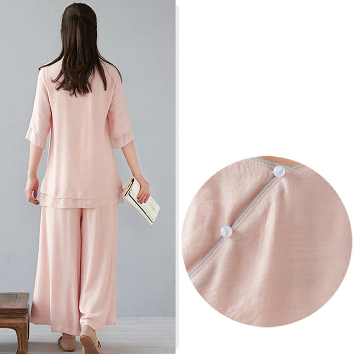 Buddha Stones 2Pcs Three Quarter Sleeve Long Sleeve Shirt Wide Leg Pants Meditation Cotton Linen Clothing Women's Set - image 25