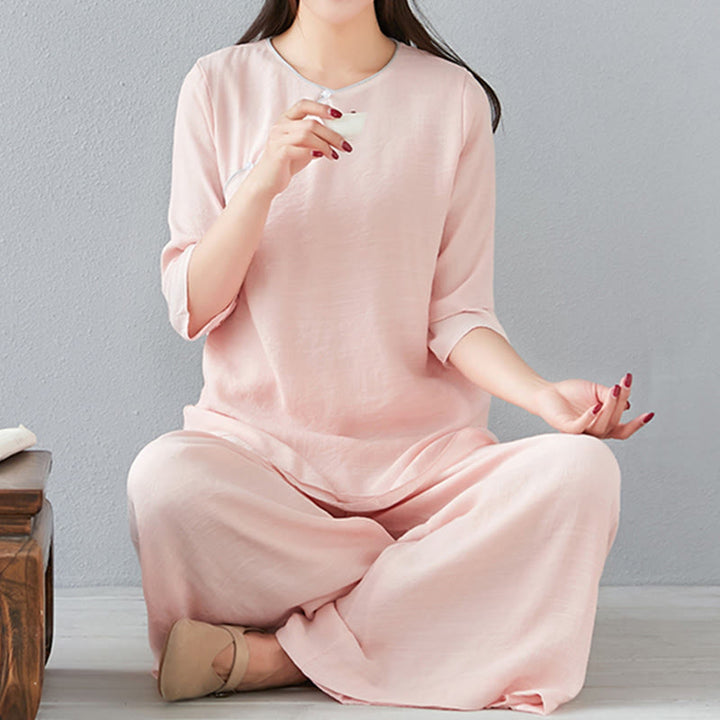 Buddha Stones 2Pcs Three Quarter Sleeve Long Sleeve Shirt Wide Leg Pants Meditation Cotton Linen Clothing Women's Set - image 20