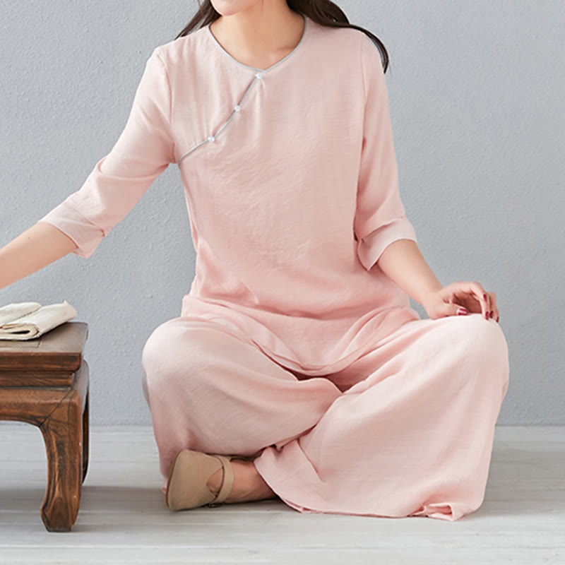Buddha Stones 2Pcs Three Quarter Sleeve Long Sleeve Shirt Wide Leg Pants Meditation Cotton Linen Clothing Women's Set - image 18