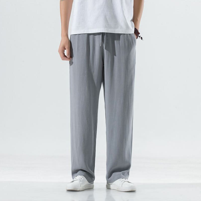 Buddha Stones Solid Color Linen Men's Wide Leg Pants With Pockets