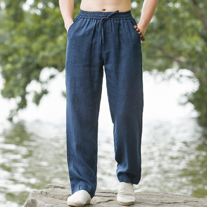 Buddha Stones Solid Color Cotton Linen Men's Wide Leg Pants With Pockets - SteelBlue - US/UK/AU50，EU60 (5XL) - image 6