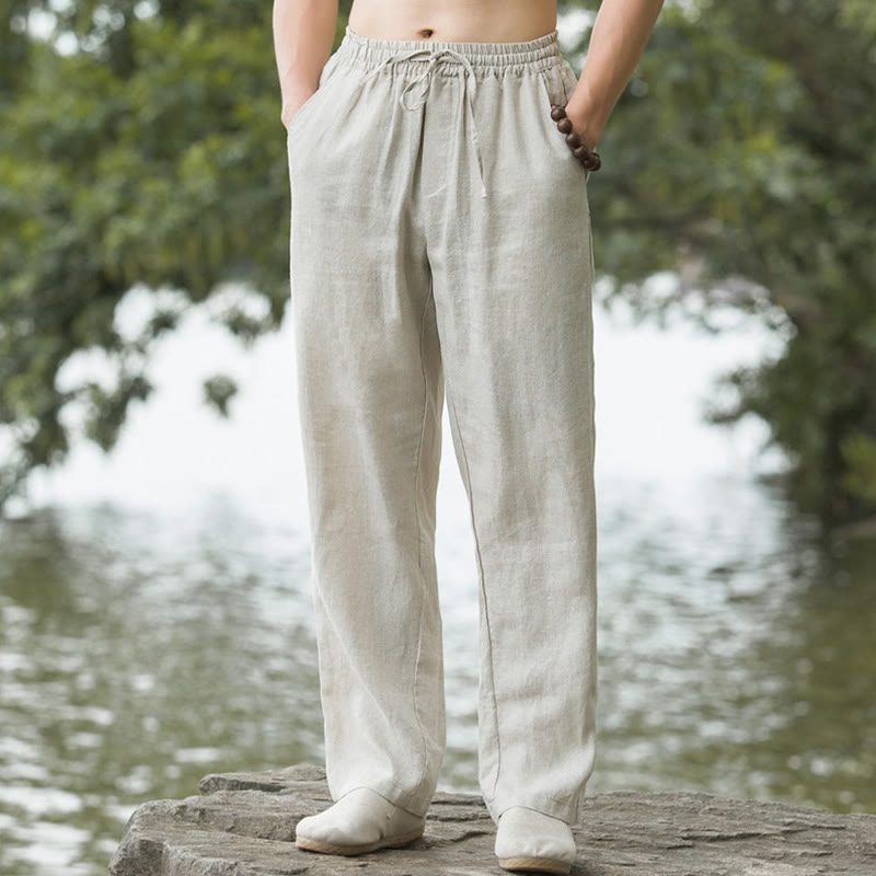 Buddha Stones Solid Color Cotton Linen Men's Wide Leg Pants With Pockets - Linen - US/UK/AU50，EU60 (5XL) - image 0