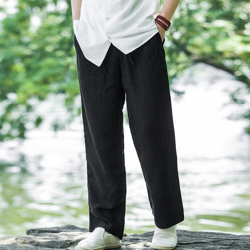 Buddha Stones Solid Color Cotton Linen Men's Wide Leg Pants With Pockets - Black - US/UK/AU50，EU60 (5XL) - image 4