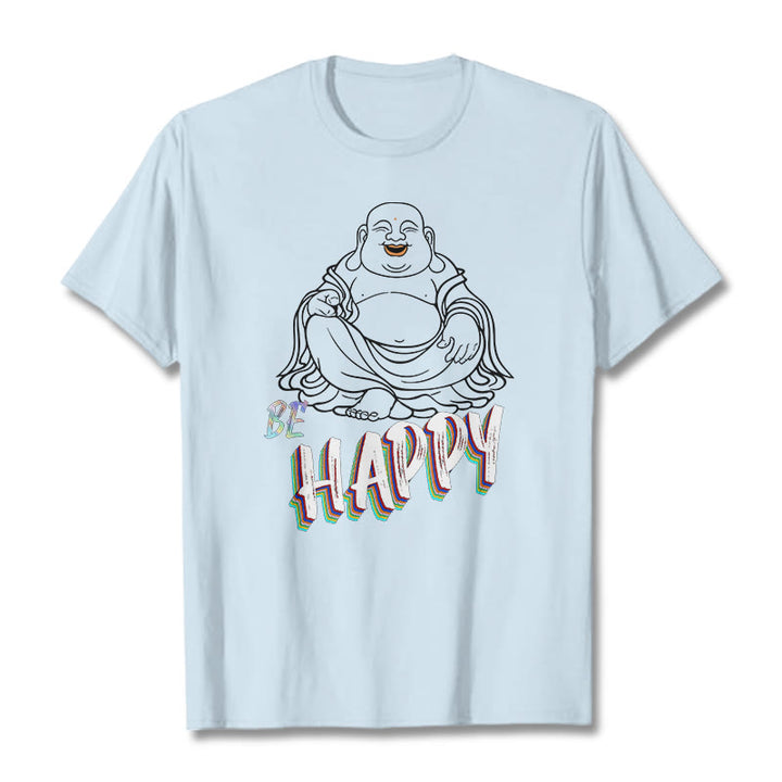 Buddha Stones BE HAPPY Laughing Buddha Tee T-shirt - LightCyan - 2XL - image 19