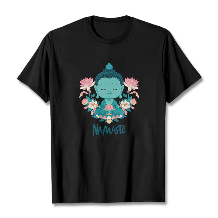 Buddha Stones NAMASTE Buddha Lotus Meditation Tee T-shirt - Black - Green NAMASTE - 2XL - image 6