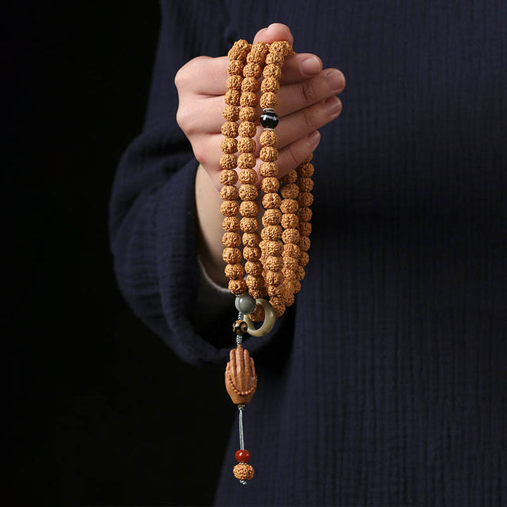 Buddha Stones Bodhi Seed Three-eyed Dzi Bead Buddha Hand Charm Wealth Bracelet