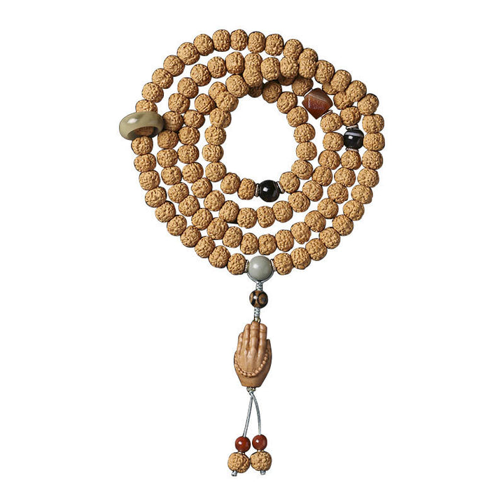 Buddha Stones Bodhi Seed Three-eyed Dzi Bead Buddha Hand Charm Wealth Bracelet