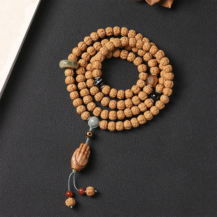 Buddha Stones Bodhi Seed Three-eyed Dzi Bead Buddha Hand Charm Wealth Bracelet