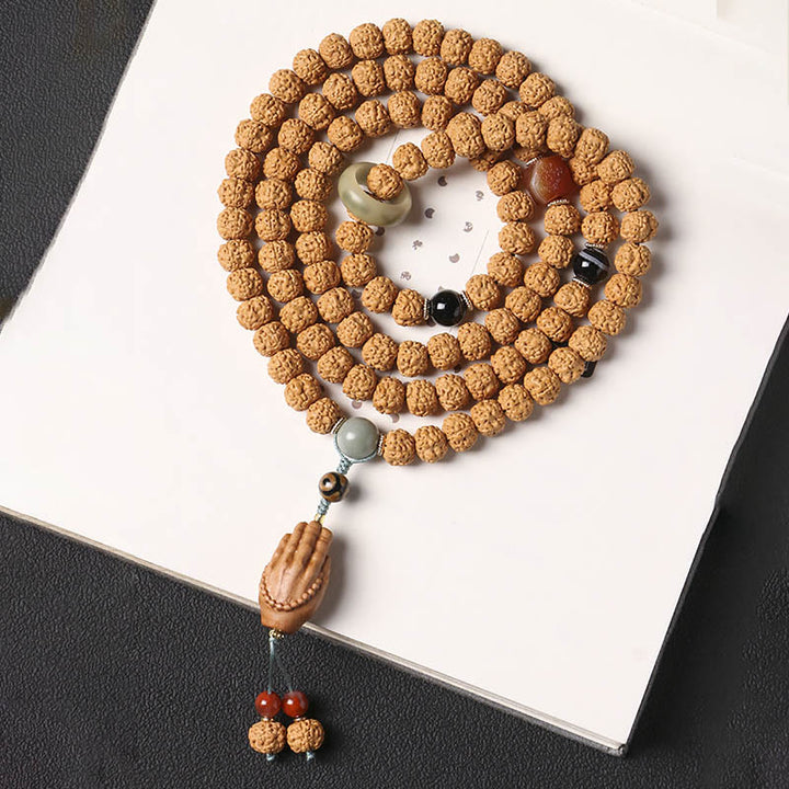 Buddha Stones Bodhi Seed Three-eyed Dzi Bead Buddha Hand Charm Wealth Bracelet