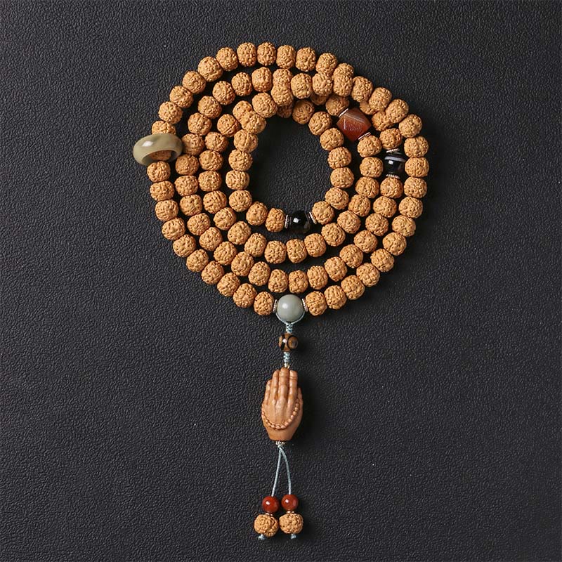 Buddha Stones Bodhi Seed Three-eyed Dzi Bead Buddha Hand Charm Wealth Bracelet