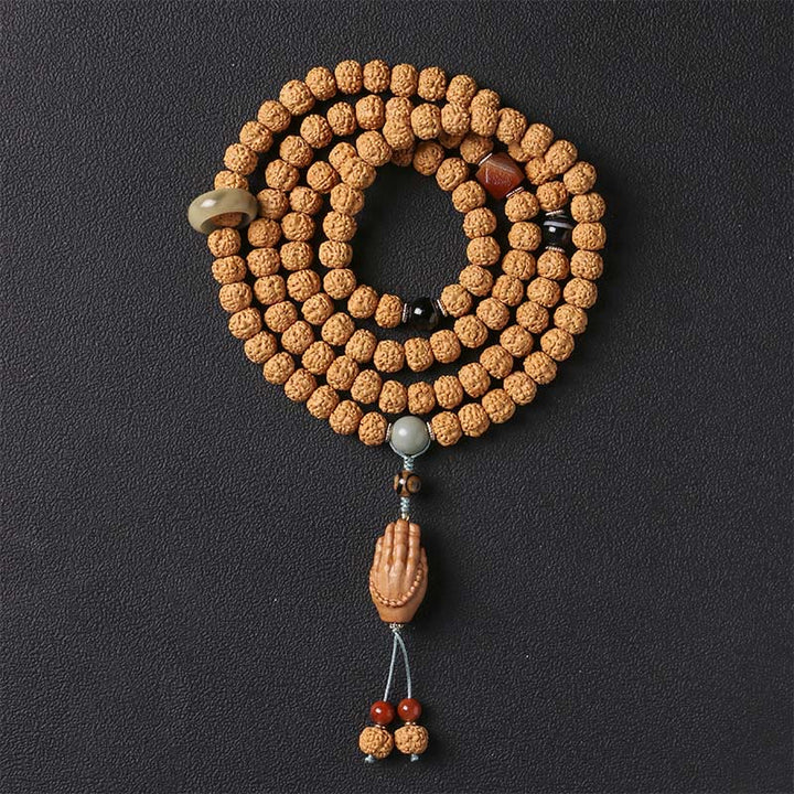 Buddha Stones Bodhi Seed Three-eyed Dzi Bead Buddha Hand Charm Wealth Bracelet