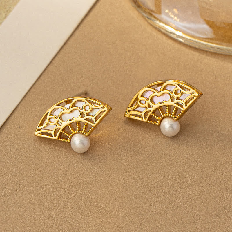 Buddha Stones 925 Sterling Silver Posts Fan Pattern Pearl Copper Wisdom Stud Drop Earrings