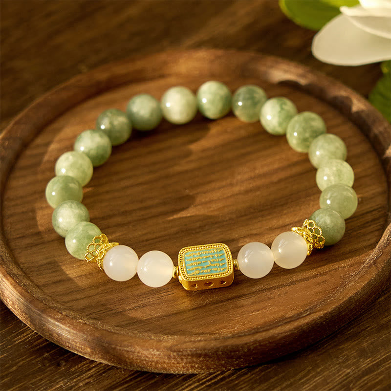 Buddha Stones Natural Green Jade White Agate Five Scriptures Abundance Bracelet