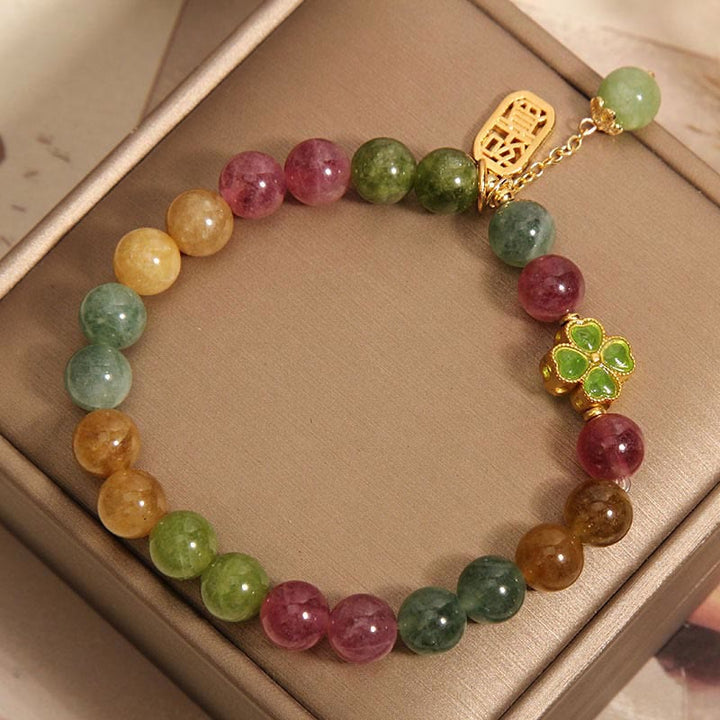 Buddha Stones Tourmaline Jade Colorful Four-leaf Clover Positive Bracelet