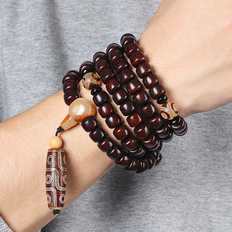 Buddha Stones 108 Mala Beads Three-eyed Dzi Bead Nine-eye Dzi Bead Jade Luck Bracelet