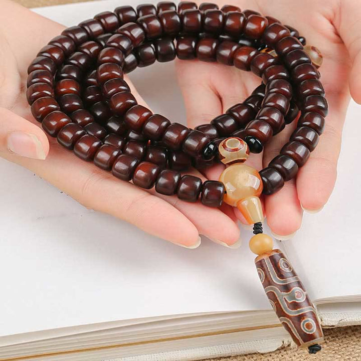 Buddha Stones 108 Mala Beads Three-eyed Dzi Bead Nine-eye Dzi Bead Jade Luck Bracelet