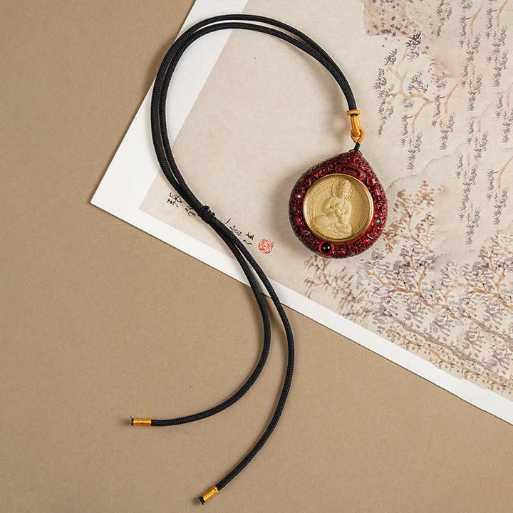 Buddha Stones Chinese Zodiac Natal Buddha Small Leaf Red Sandalwood Ebony Longevity Necklace Pendant