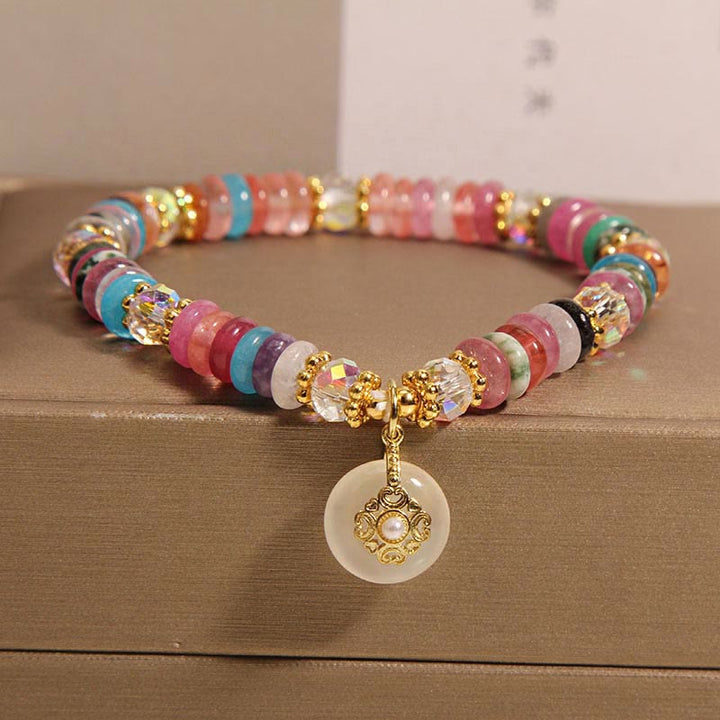 Buddha Stones Various Crystal Strawberry Quartz Peace Buckle Auspicious Bracelet